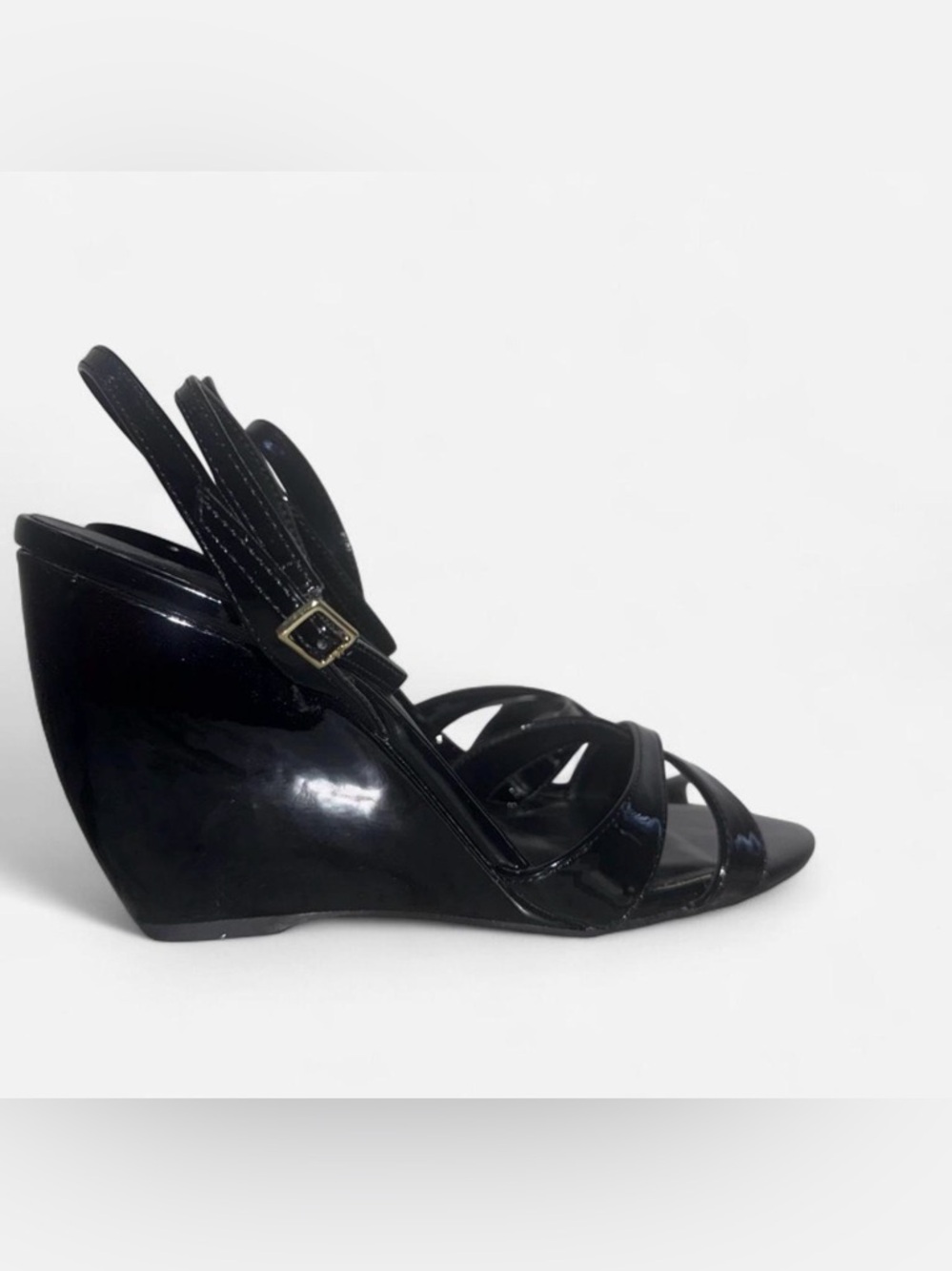 Black Patent Wedge Sandals - Women's Strappy Dress Heels